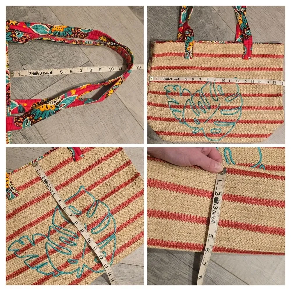 Vera Bradley Straw Bold Paisley Strap Stripe Leaf Embroidered Beach Bag Tote